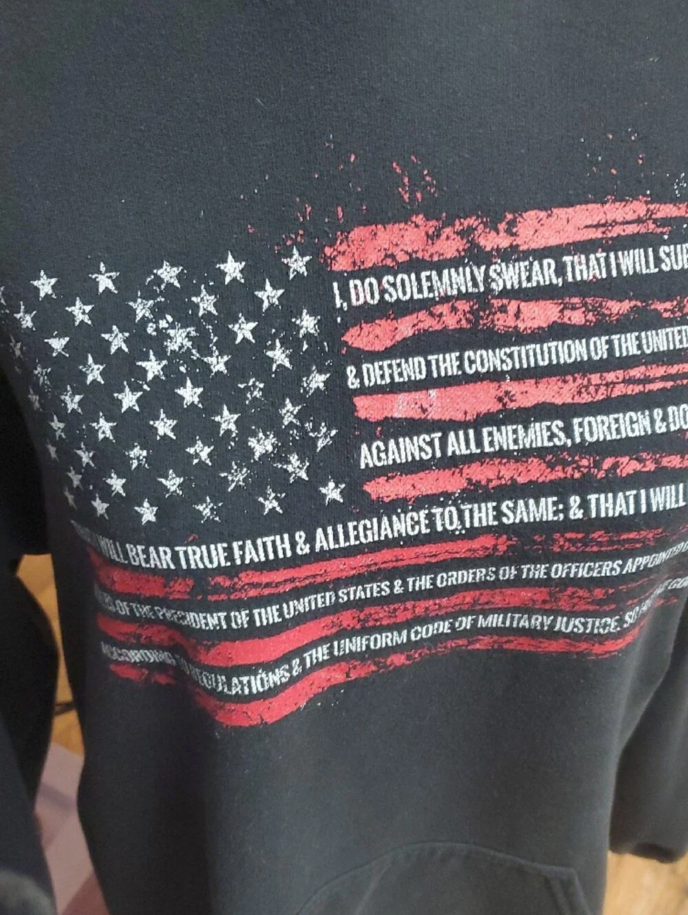 Men's Black Crewneck Hoodie with Distressed American Flag Graphic